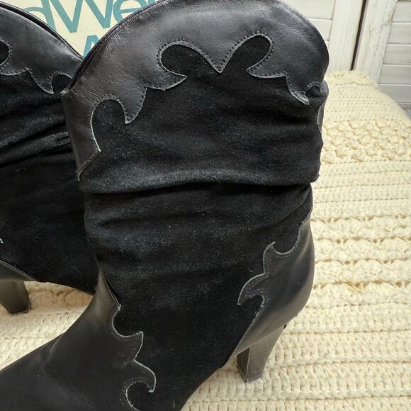 VINTAGE NEDWEST Women's Size 8 Slouchy Leather Heeled Cowgirl Boots Black Flames - Picture 3 of 14